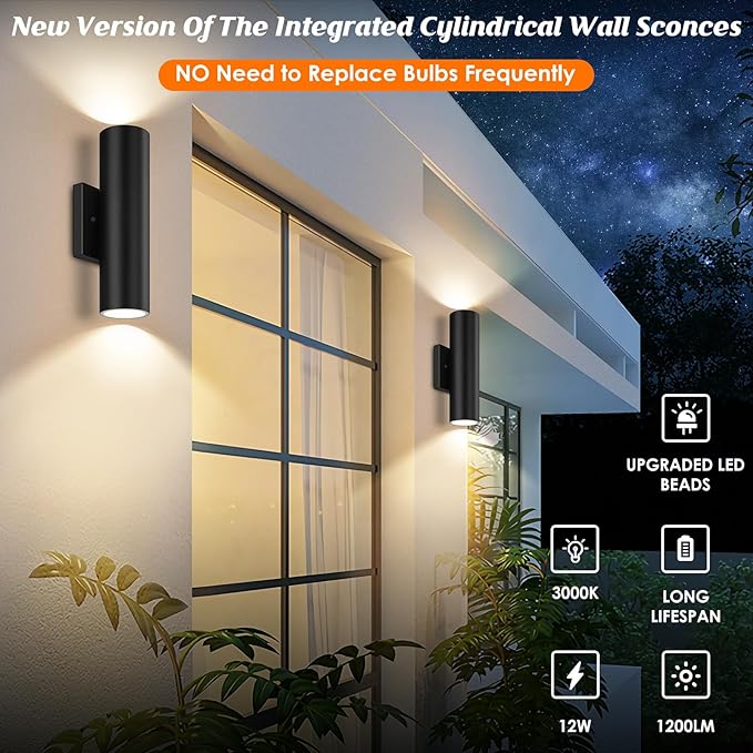 GoBright 4-Pack Modern Outdoor Wall Light, 12W 3000K LED Cylinder Exterior Light Fixtures with Tempered Glass Cover, Waterproof Up and Down Wall Sconce for Porch House Garage Patio