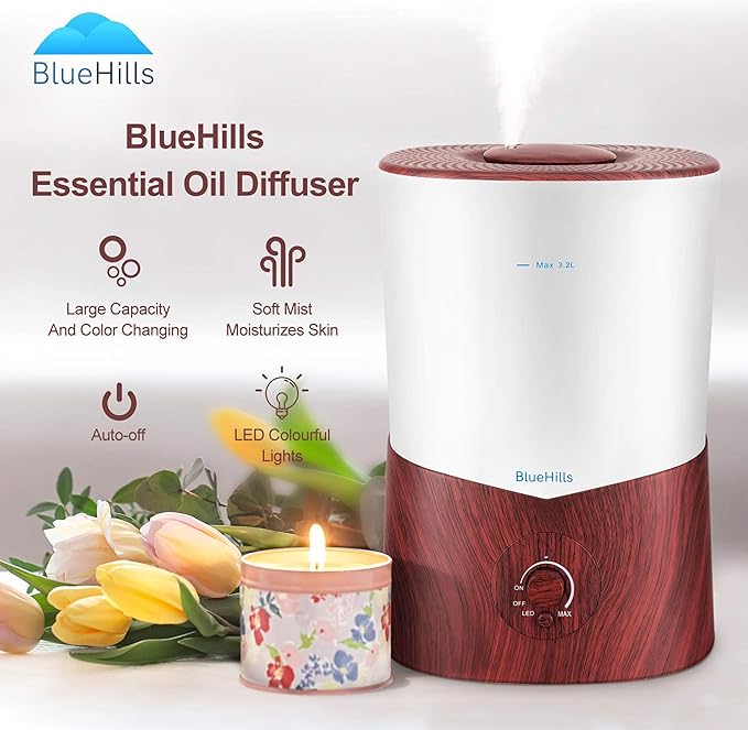 BlueHills Premium Set of Two Large 5000 ML XL and 3000 ML Essential Oil Diffusers Humidifier Combo for Large Room Home with Décor LED Lights Great Gift – Value Pack of White and Dark Wood Grain
