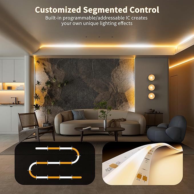 PAUTIX COB LED Strip Lights Addressable 2700K-6500K Chasing White Light CCT Smart IC Tunable Tape Lights 16.4ft Super Bright Dimmable,Alexa Voice Control,for Under Cabinet Bedroom Kitchen DIY Lighting