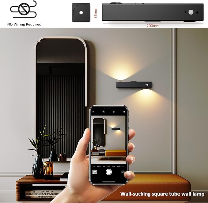 Motion Sensor Wall Light with Remote Control, Rechargeable Magnetic Wall Light, Wireless Motion Sensor Light Indoor Suitable for Hallway Light Room LED Night Light -2 Pack Black