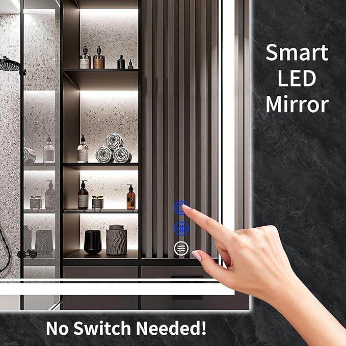 36"x28" LED Bathroom Mirror with Anti-Fog, Stepless Dimmable Lights, 3 Color Modes, Shatter-Proof Tempered Glass,Waterproof Design