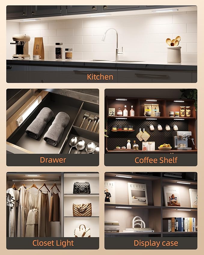 EZVALO 6-Pack Under Cabinet Lighting, Wireless Closet Lights, 50 LED Rechargeable Motion Sensor Light, Dimmable, 3 Color Temperatures, 11.8 inch Counter Lights for Kitchen, Pantry, Bedroom, Wardrobe