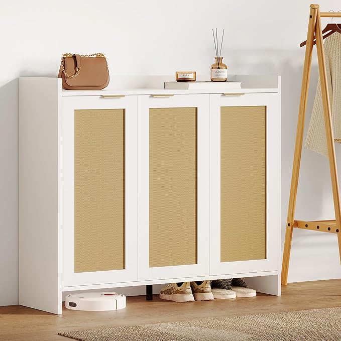 Shoe Cabinet, 41" Tall Rattan Shoe Storage Organizer Cabinet, Adjustable Shelves, 6-Tier Farmhouse Boho Wooden Storage Cabinet for Entryway Hallway Closet Bedroom,White