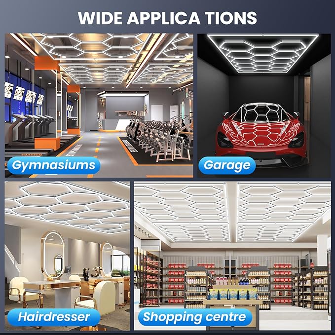 Updated Bigger Size 14 Grid Hexagon Garage LED Lights with Widen 1.33IN Illuminated Surface, 108000LM Led Lights System for Garage, Basement,Warehouse(Black Edge) Patent No.US0D1109406S
