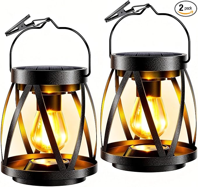 GARPAR Solar Lights Outdoor Waterproof, Upgraded Metal Outdoor Lantern, Brighter Auto On/Off 18H Hanging Solar Lights for Outside Garden Yard Patio Decor, Mother's Day Gift for Mom Grandma 2 Pack