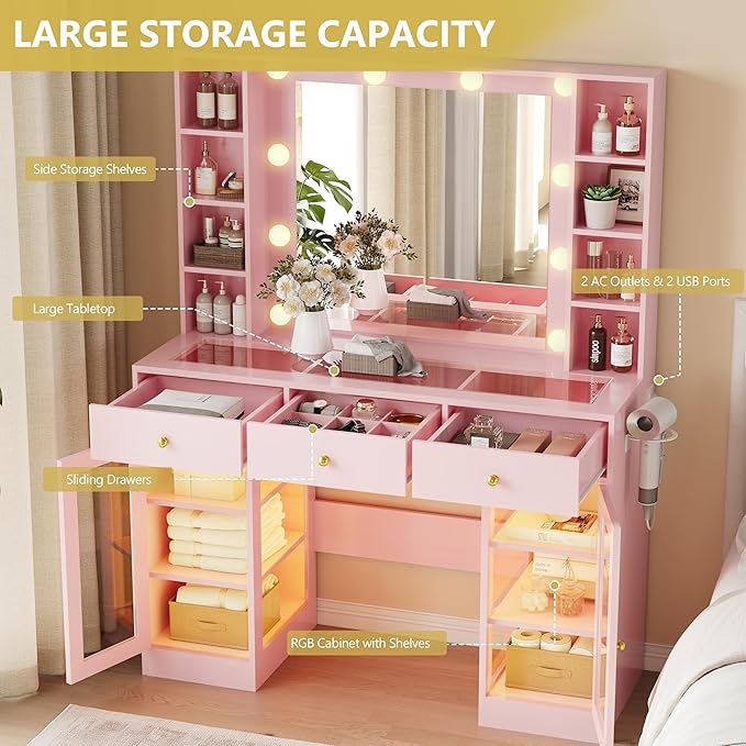 Makeup Vanity Desk with Mirror and Lights, Glass Top Vanity Table Set with Drawers & Power Outlet, Large Dressing Table with 3 Color Lighting Modes & RGB Cabinets for Women Girls Kids Bedroom, Pink