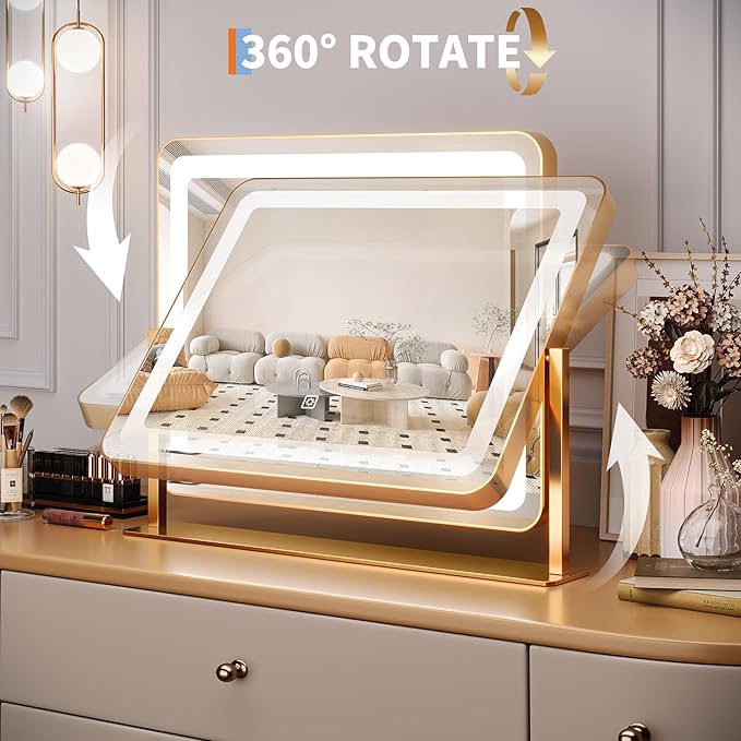 19.6 in x15.7 in Vanity Mirror with Lights, Large Lighted Mirror, LED Makeup Mirror with 3-Color Dimmable Modes and Smart Touch Control, Perfect for Desk or Bedroom, Vanity Desk Tabletop Makeup, Gold