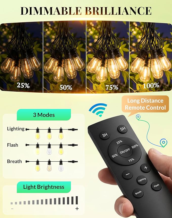 Outdoor String Lights LED Patio-Light - 50Ft Outside Waterproof Dimmable Porch Lights with Remote Shatterproof S14 Bulbs Outside Hanging Light Connectable Lighting for Gazebo Backyard Bistro Pergola