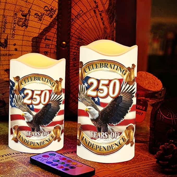 Bald Eagle White Candles Celebrating American 250th Anniversary Battery Led Lights with Timer Patriotic Remote Control Candle for Independence Day Holiday Decorations, 4 Pack