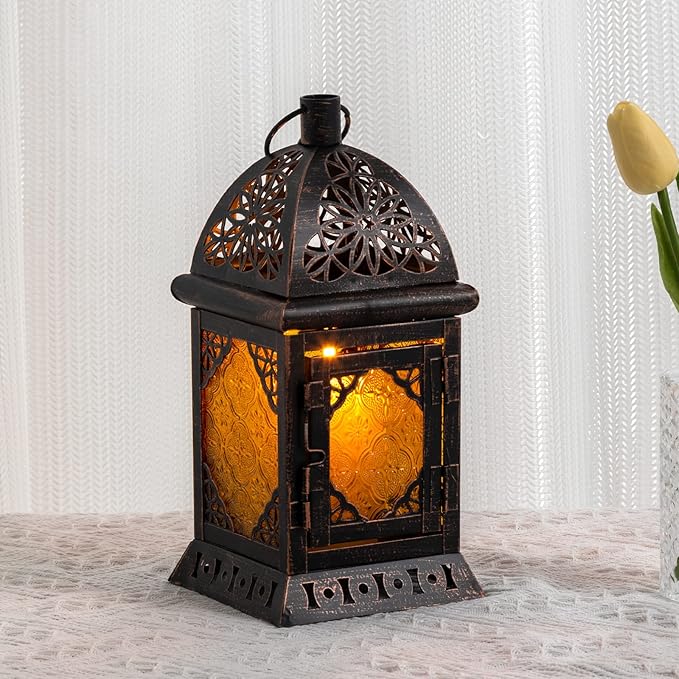 DECORKEY Candle Lanterns Decorative Indoor & Outdoor, 12'' Vintage Moroccan Hanging&Tabletop Lantern, Christmas Halloween Metal Candle Holder for Home Front Porch Patio Decor (Amber)