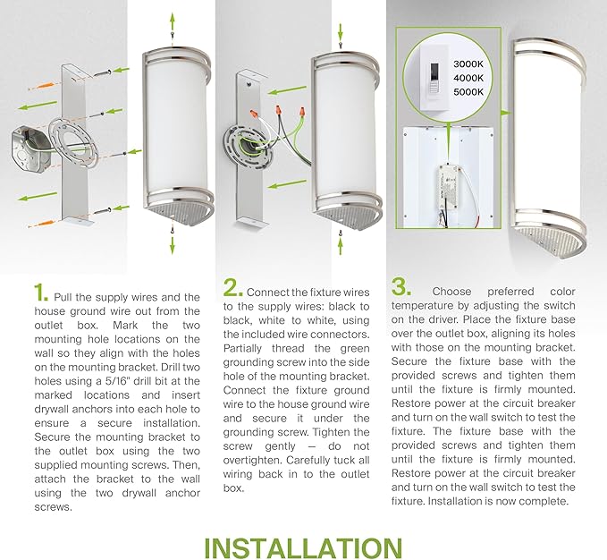 ASD LED Indoor Wall Mount Light Fixture - 18 Inch 25W Modern Interior Nickel Dimmable Wall Sconce Light - ETL 3000K 4000K 5000K Adjustable - Hallway, Bedroom LED Wall Lights, 2 Pack