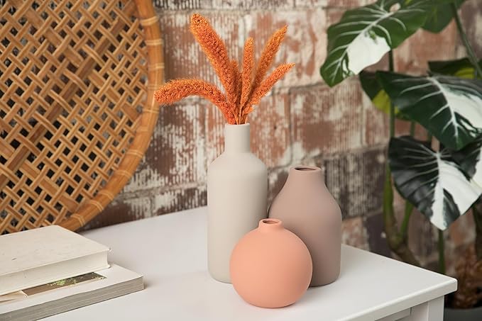Ceramic Vase Set of 3 - Modern Farmhouse Decorative Vases for Home Decor. Boho, Rustic Vase, Small Neutral Pottery Vase Sets for Table, Shelf, Entryway, Living Room, Kitchen, Bedroom, Bathroom, Office