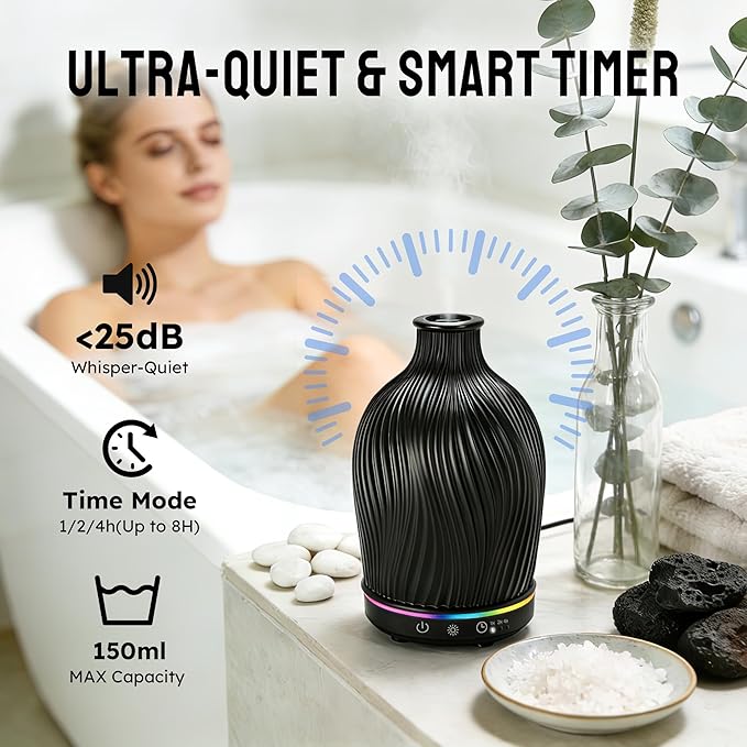Essential Oil Diffuser 150ml, Resin Material Aromatherapy Diffuser with 1/2/4H Timer, 7 Color Lights, Auto Shut-Off, Whisper-Quiet Ultrasonic Humidifier for Home Bedroom Office (Black)