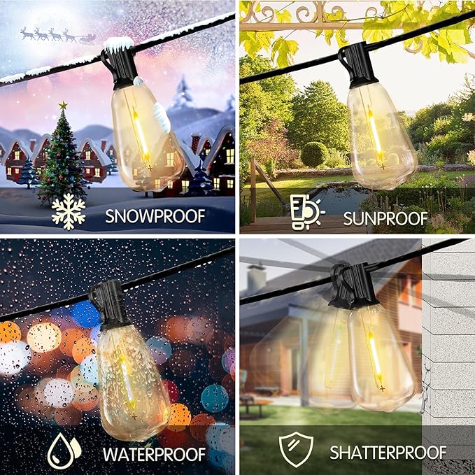 DAYBETTER 50FT Outdoor String Lights Waterproof - 25 Warm White Bulbs 2700K Patio Lights Weatherproof Shatterproof for Garden Backyard Pergola Energy-Efficient LED Party Lighting