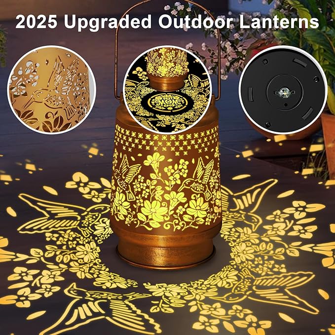 Hummingbird Solar Lanterns Outdoor Waterproof, Hanging Solar Lights Garden Lanterns with Shepherd Hook, Metal Garden Decor for Yard, Patio, Lawn, Landscape, Gifts for Women Mom Christmas