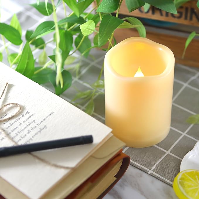 3 Waterproof Outdoor Battery Operated Flameless LED Pillar Candle with Timer Flickering Plastic Resin Electric Decorative Light for Lantern Patio Garden Home Decor Party Wedding Decorations 3x4 Inches