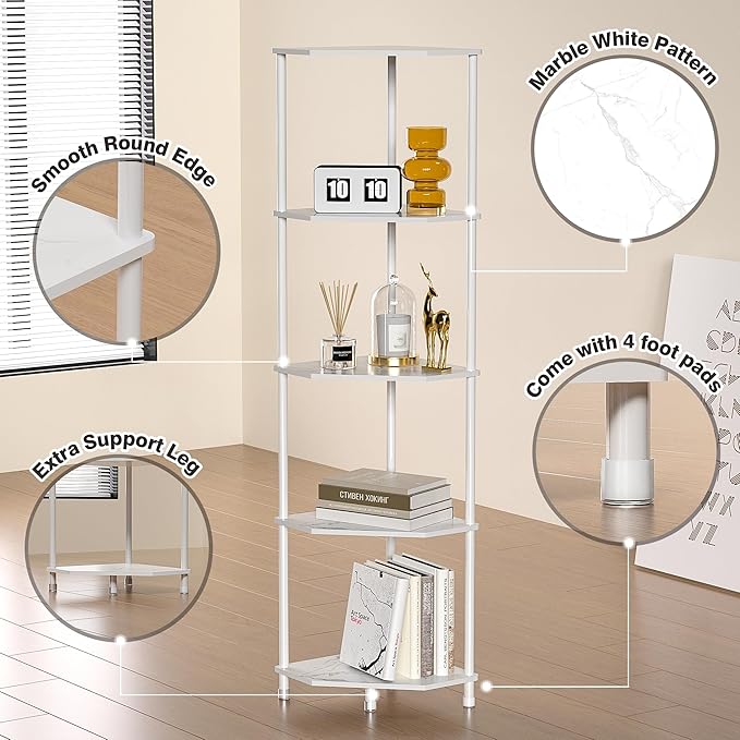 5-Tier Corner Shelf Stand Marble White 50.2" Bathroom and Kitchen Corner Shelves for Small Spaces Organization & Storage Kitchen Decor Accessories