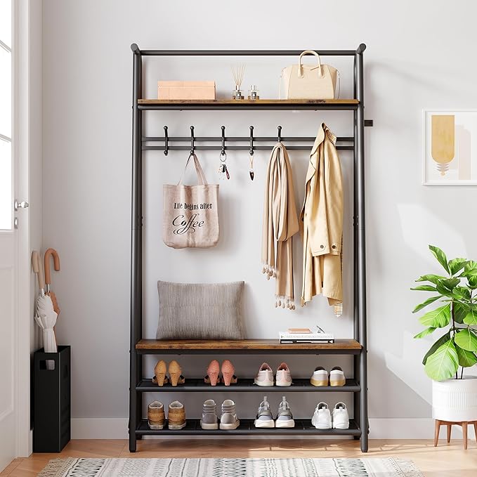 39" Coat Rack, Hall Tree with Shoe Bench for Entryway, 4-Tier Shelf With Hooks Hall Tree with Storage, 4 in 1 Freestanding Metal Frame Multifunctional Hallway Organizer, Accent Furniture for Bathroom