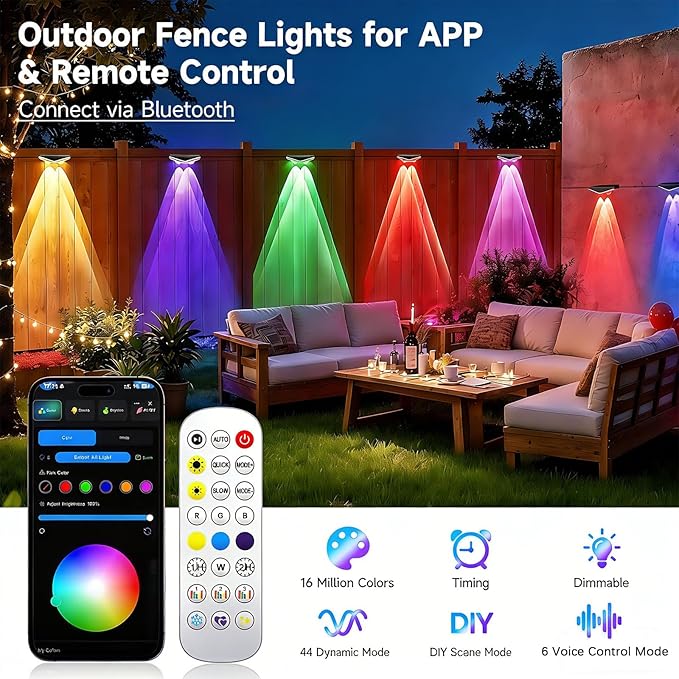 Fence Lights Outdoor 24 Packs,Smart RGB Fence Lighting with APP&Remote Control,IP67 Waterproof Fence Lights,DIY Scene Modes,LED Light for Fence,Patio,Yard,Garden(150ft)