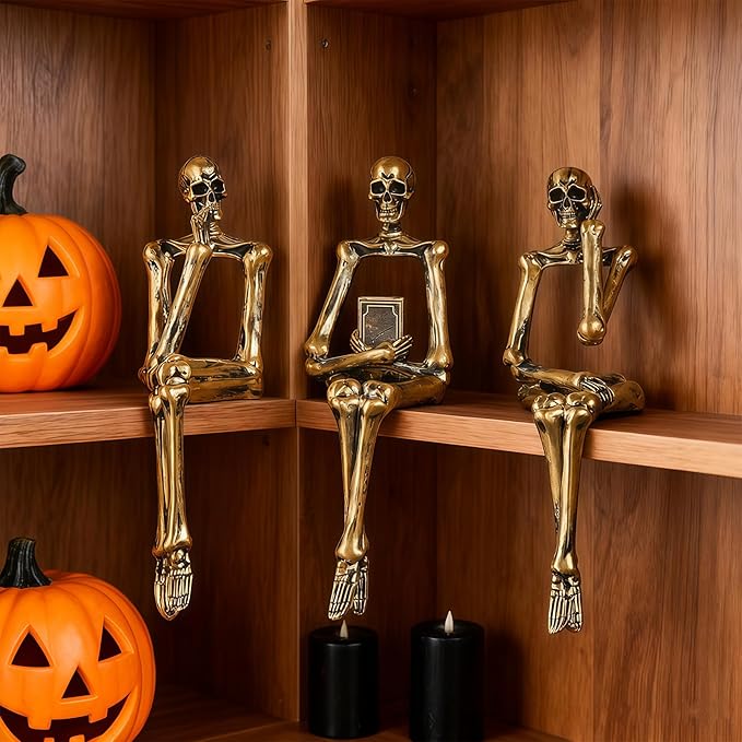 XINXUAN Halloween Decorations Skull Statue Home Decor - Modern Bookshelf & Desk Decor - 3 Piece Set (Retro - Gold)