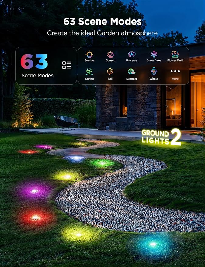 Govee Outdoor Ground Lights 2, 50ft Patio Decorations, 15 Pack RGBIC Pathway Lights with 100LM Warm White, IP67 Waterproof, 63 Scene Modes, Works with Alexa, Google Assistant