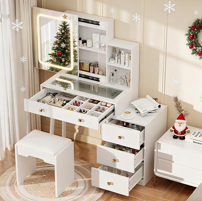 NUNU LAB Makeup Vanity Desk with Mirror and Lights Set, White Vanity Table with Glass Top and 3 Lighting Modes, Vanitys Desk with Stool, 5 Drawers for Bedroom Girls