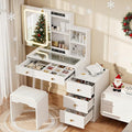NUNU LAB Makeup Vanity Desk with Mirror and Lights Set, White Vanity Table with Glass Top and 3 Lighting Modes, Vanitys Desk with Stool, 5 Drawers for Bedroom Girls