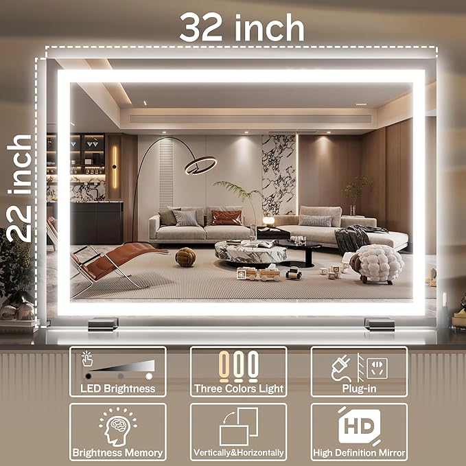HNV Vanity Mirror with Lights 32"x22" Large Lighted Makeup Mirror, Dimmable 3-Color LED, Touch Screen, Wall-Mount or Tabletop, Ultra-Clear for Bathroom & Bedroom (White)