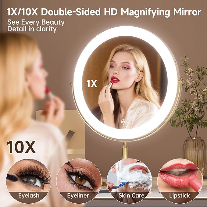 11.8" Extra Large Lighted Makeup Mirror, 1X/10X, 2-Sided Magnifying Mirror with 96 LEDs, 3 Color Dimmable Lights, 360° Swivel, LED Vanity Mirror, White - Great Gift Gold