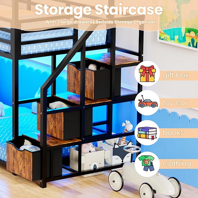 Low Bunk Bed Twin Over Twin with Storage Staircase, RGB LED Lights, Drawers & Shelves, Metal Bunk Beds for Kids with Power Outlet, Double Full-Length Guardrails & Metal Slats for Small Space, Black