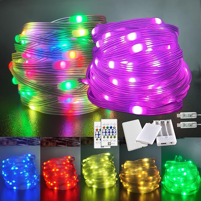 2 Pack RGB Fairy Lights, 32.8FT Total Color Changing Fairy Lights with Remote Control, USB Powered String Lights for Bedroom, Party, Christmas Decor