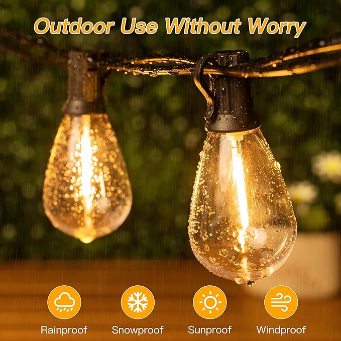 Ollny S11 50FT Outdoor String Lights with Remote, 3 Modes Dimmable Timers Waterproof Connectable Outside Lights, 24+2 LED Spare Bulbs Dusk to Dawn Hanging Light for Yard Balcony Camping Gazebo Garden