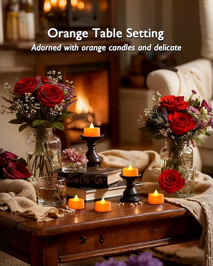 Amagic Halloween Orange LED Tea Lights Candles, 24 Pack Battery Operated Flameless Tea Lights, Long Lasting Colored Tealights Candles for Christmas, Holiday Decor, Theme Party, Table Decor