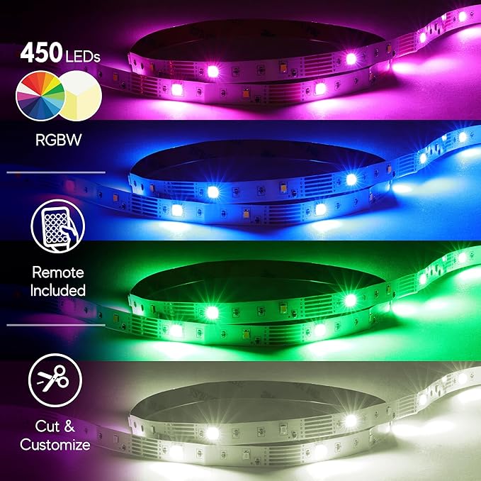 Xtreme Multicolored LED Strip Lights with Remote, 200 Foot RGBW Lights Strip with Adhesive Backing, Cut & Reconnect, Dimmable, 15 Colors, 1800 LED Lights, 4 Modes - Strobe, Flash, Fade & Smooth