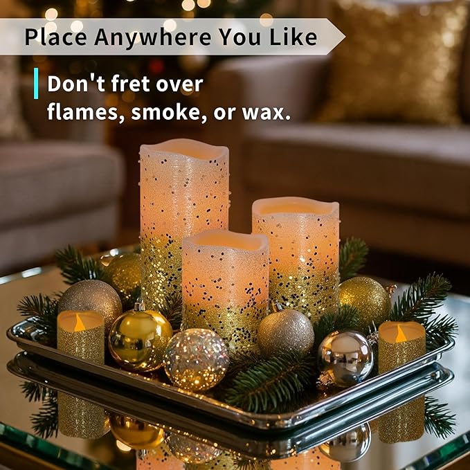 FURORA LIGHTING Gold Glitter LED Candles with Remote and Timer, 4 Pillars and 4 Votives Pack of 8, Real Wax Flameless Flickering Candles for Home Décor, Battery Included