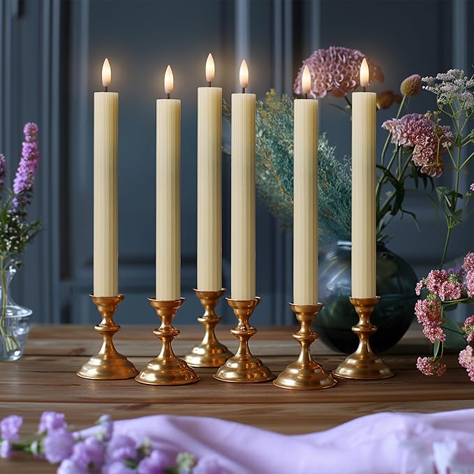 12 Pack, 10" LED Flameless Ivory Fluted Ribbed Grooved Taper Candles with 2 Remotes & 24h Timer Memory, On/Off Button, Dimmable, Flicker Mode, Battery Operated, Christmas Menorah Wedding