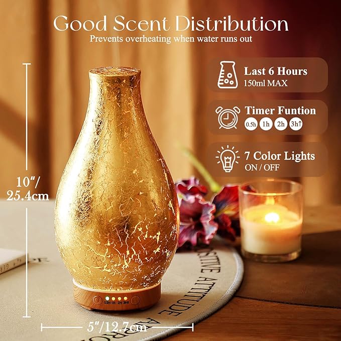 Porseme 100ml Gold-Plated Volcano Essential Oil Diffuser 3D Glass - Elegant and Effective Aromatherapy with 7 Color Changing LEDs and Waterless Auto-Off, BPA Free for Home Yoga Leisure SPA Gift