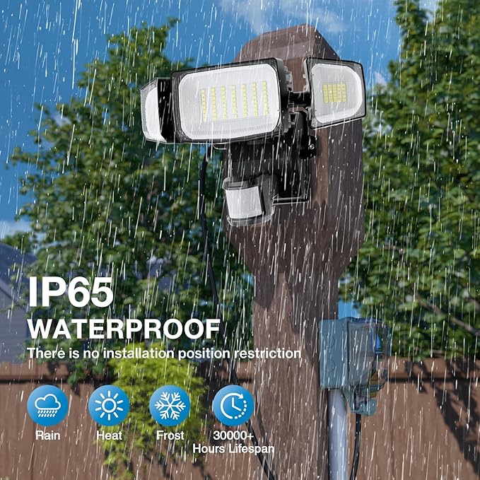 Olafus 70W Motion Sensor Outdoor Light Plug in, Motion Flood Light Dusk to Dawn, 7000LM LED Security Light IP65 Waterproof, Motion Activated 6500K PIR Sensor Lighting for Garage Yard Patio Eave, Black