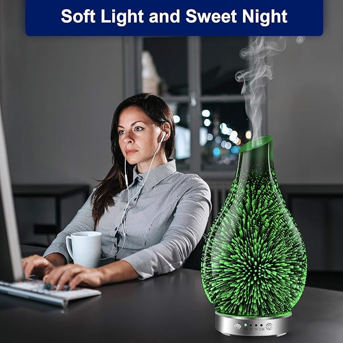 MAXWINER Essential Oil Diffusers Ultrasonic 3D Glass Aromatherapy Diffuser, Auto Shut-Off, Timer Setting, 7 Colors LED Lights Changing for Home, Office, Spa 120ml