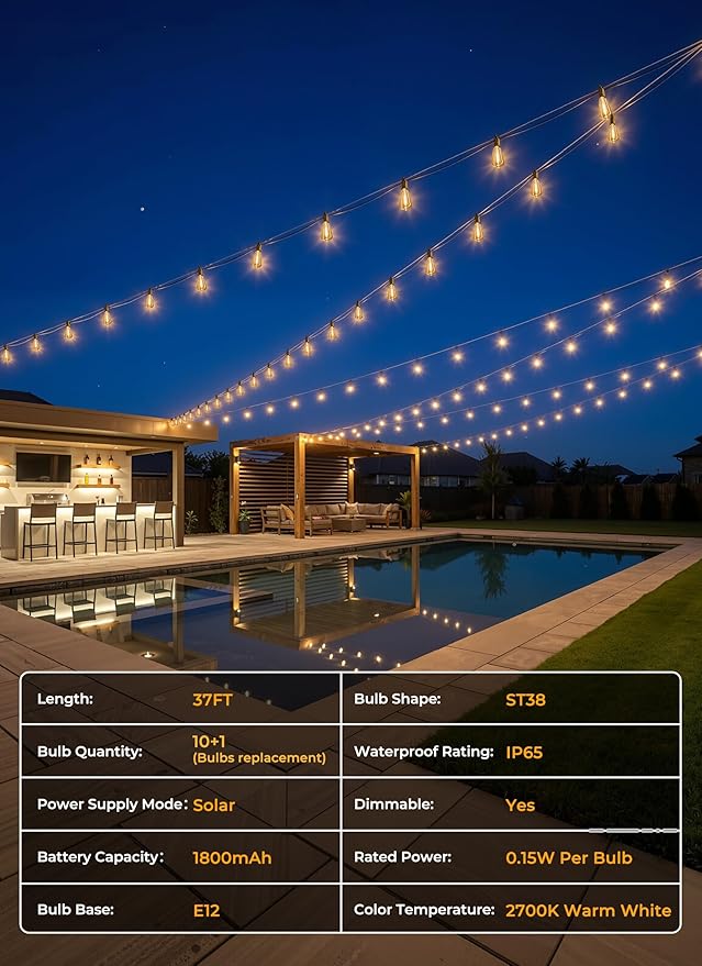 Brightown 37FT Solar String Lights Outdoor Waterproof, Patio Lights with Remote and 10+1 LED Shatterproof Bulbs, Dimmable & Timable, 3 Light Modes, Solar Lights Outdoor for Yard Camping Party Outside