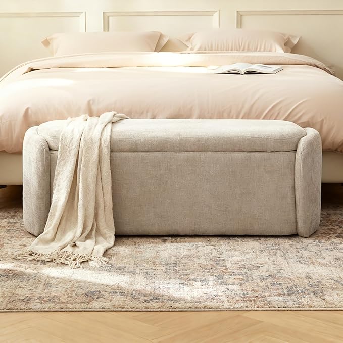 VKNOW 46" Oval Storage Ottoman Bench, Upholstered End of Bed Bench Ottomans Bench Foot Rest, Sherpa Storage Bench for Bedroom, Living Room and Hallway, Light Brown