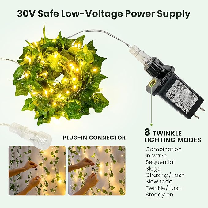 HEYFUNi Vines with Lights, 23 Ft 73 Led Fake Ivy String Lights Plug in, Leaf Lights for Bedroom, Wall, Balcony, Wedding Decor, Warm White