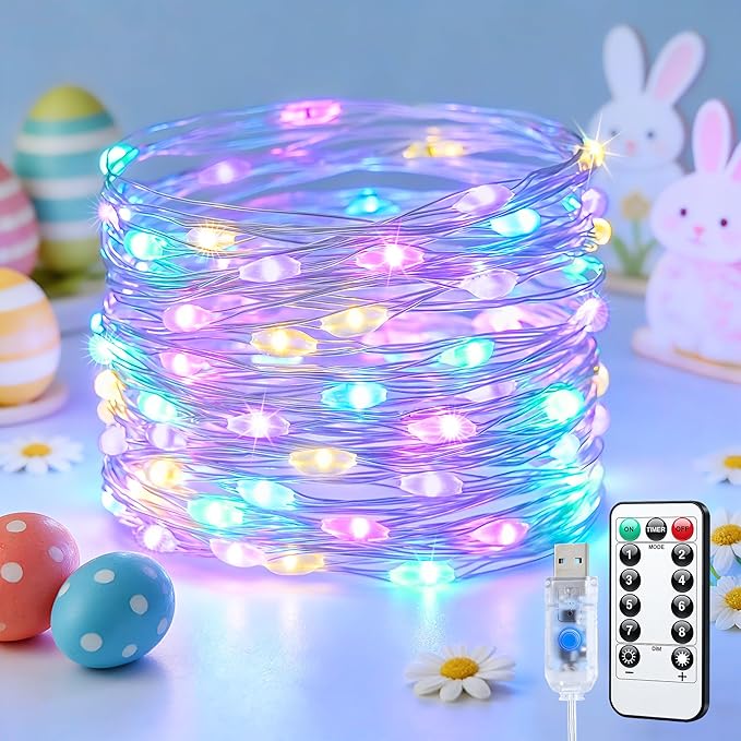 JMEXSUSS 100 LED USB Easter Lights Plug in, Pastel Fairy Lights with Timer for Outdoor & Indoor, Twinkle Lights for Bedroom Girl's Room Fireplace Easter Decorations