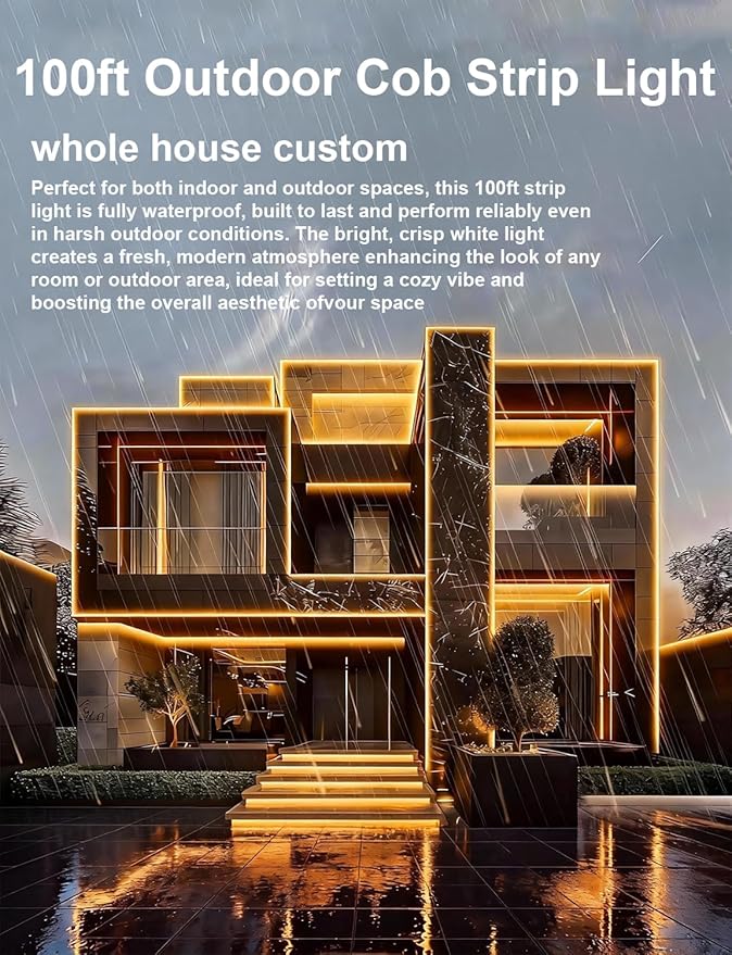 100FT COB LED Strip Lights Outdoor Waterproof, 30M Flexible 24V, Remote & App Control, Dimmable,3000K Warm White Led Tap Lighting For Garden Patio, Kitchen, Under Cabinet, Living Room Decor (2 Rolls)