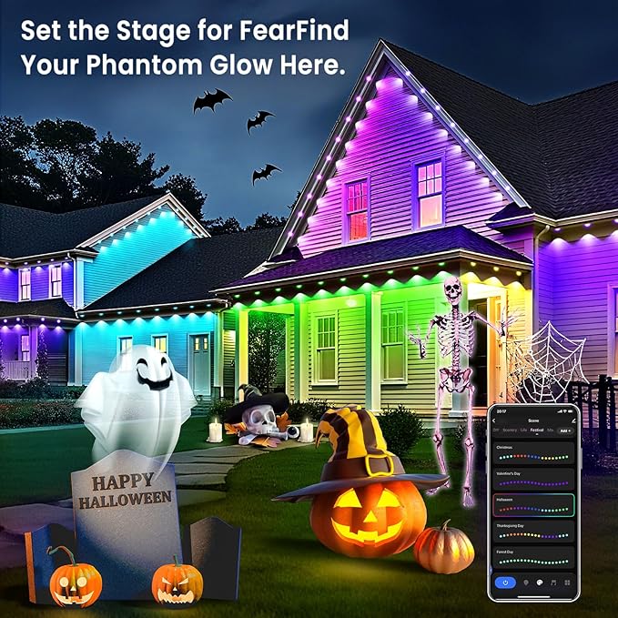 Smart Permanent Outdoor Lights for House, 50ft with 30 RGB+IC Eaves Lights Outdoor, P67 Waterproof with DIY Scene for Halloween Christmas Decor, , Remote Control, Work with Alexa, Google Assistant