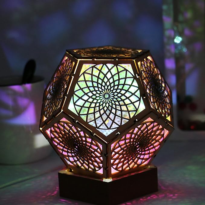 Starlight Projector Lamp,Boho Ambient Lighting Infinity Dodecahedron Art Night Light, Wooden Colorful LED Lights for Bedroom Vintage Room Decor Aesthetic Unique Gifts (Pentagonal)