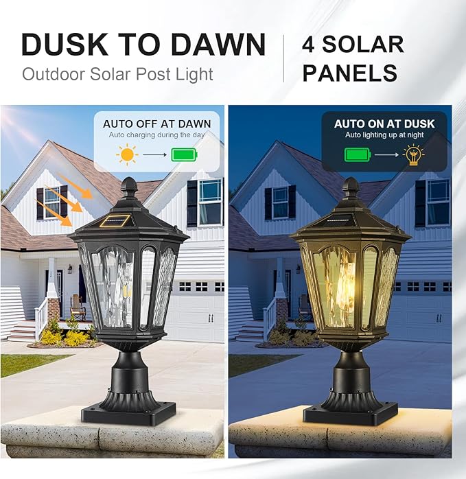 18.5" Black Solar Powered Outdoor Post Light Fixture with Remote Control, Dusk to Dawn LED Pole Lamp Waterproof Exterior Pillar Lantern Post Lighting for Pathway Garden Patio Gargae