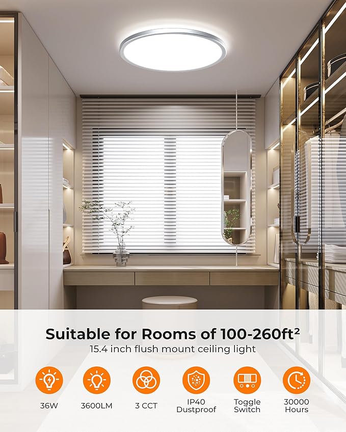 BLNAN 15.4 Inch LED Flush Mount Ceiling Light, 3000K-5000K 3 Color Selectable Ceiling Lights, 36W 3600LM Closet Light Fixture, Ceiling Lamp for Bedroom, Dining Room, Kitchen, Silver