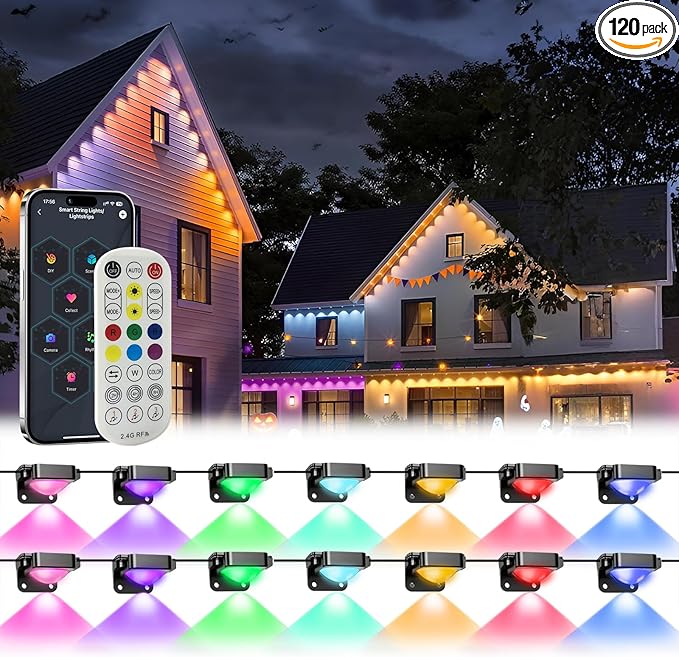 Permanent Outdoor Lights Pro,200ft with 120 LED RGB IC Smart Eave Light for Outdoor Decorations,IP67 Waterproof with Remote/App Control,DIY LED Scenes Modes for House Roof Decor, Black