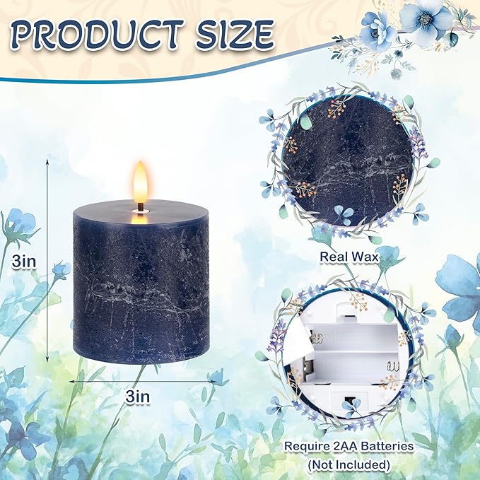 Navy Blue Flameless Candles with Remote and Timer, 3"x3" Real Wax Battery Operated Pillar Candles with 3D Flickering Flame, Set of 3